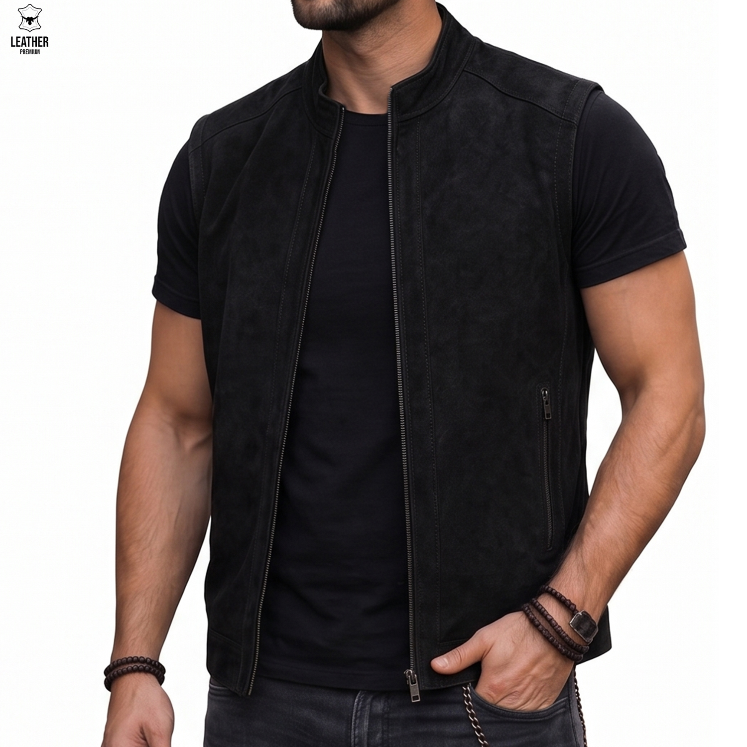 Gilet en cuir Noir Daim pour Homme REF : DN5588 1 sdfsdfdsf 1