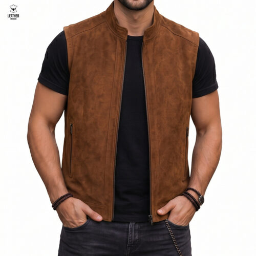 Gilet en cuir Tabac Daim pour Homme REF : DT5588