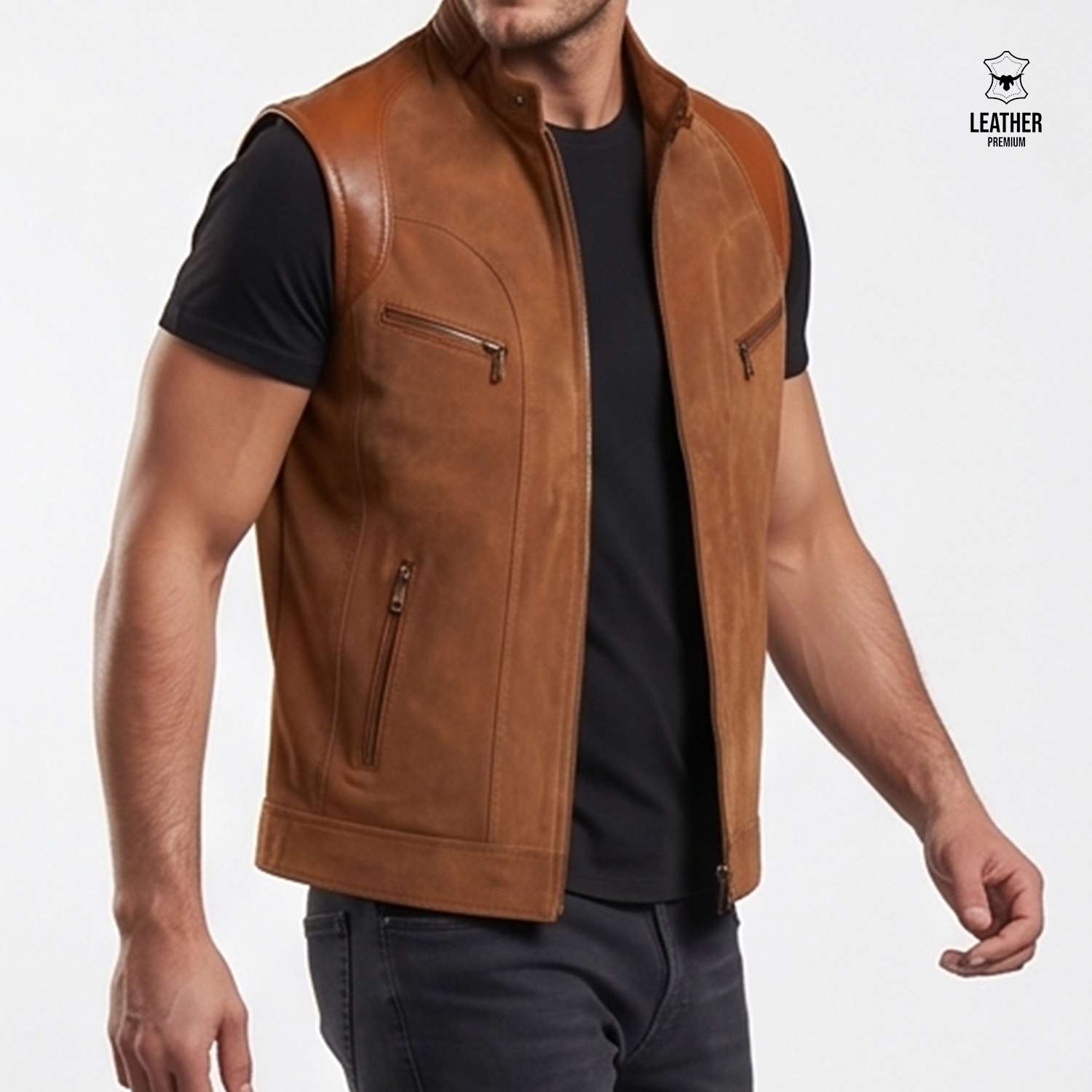Gilet en cuir TABAC pour homme -Tabac885- 2 zeffezf