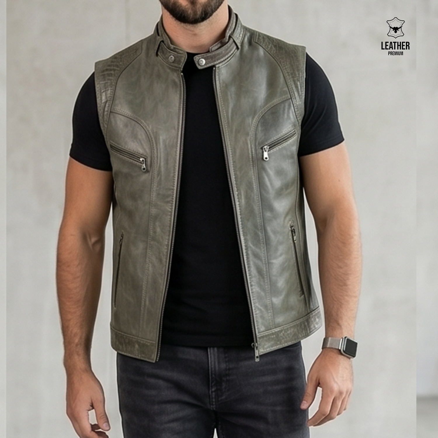 Gilet en cuir vert Olive pour Hommes -ref : VO1002- 1 zefzededf
