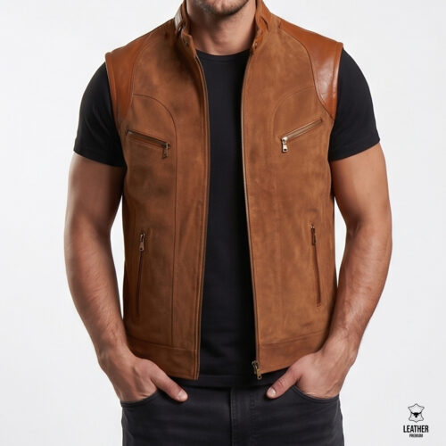 Gilet en cuir TABAC pour homme -Tabac885-