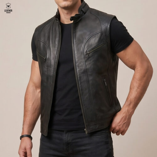 Gilet en Cuir Noir Intense pour hommes