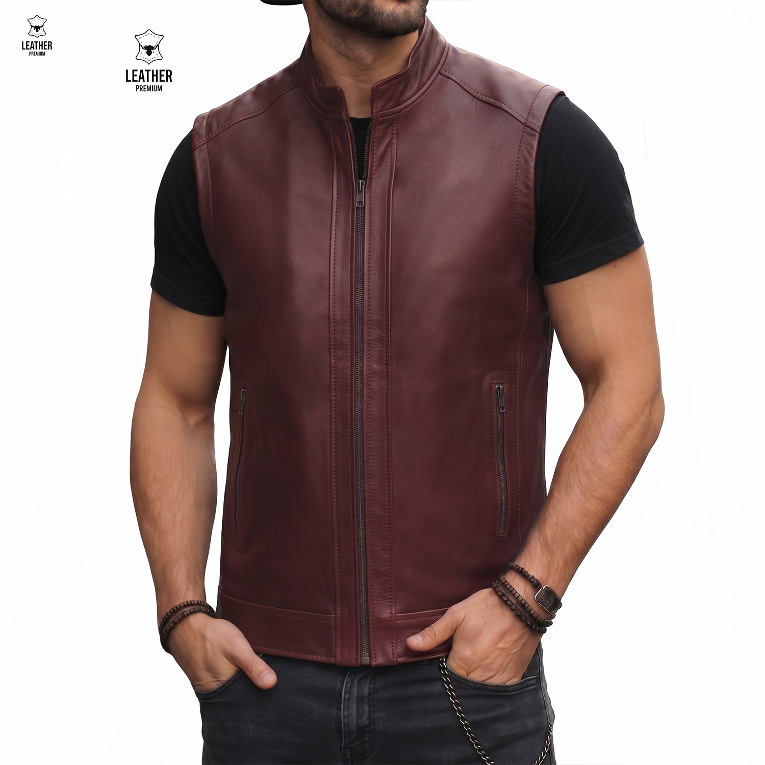 Gilet en cuir Bordeau pour Hommes REF : GB896 4 adzzdazddz