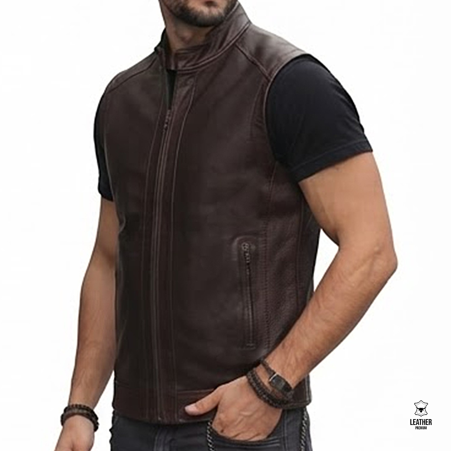 Gilet en cuir Marron pour Homme REF : 3008 4 azdazdaz