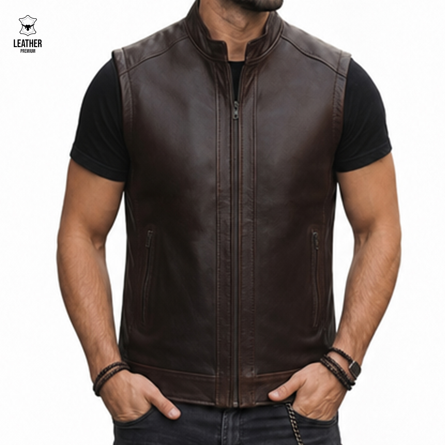 Gilet en cuir Marron pour Homme REF : 3008 1 qedsdqsds