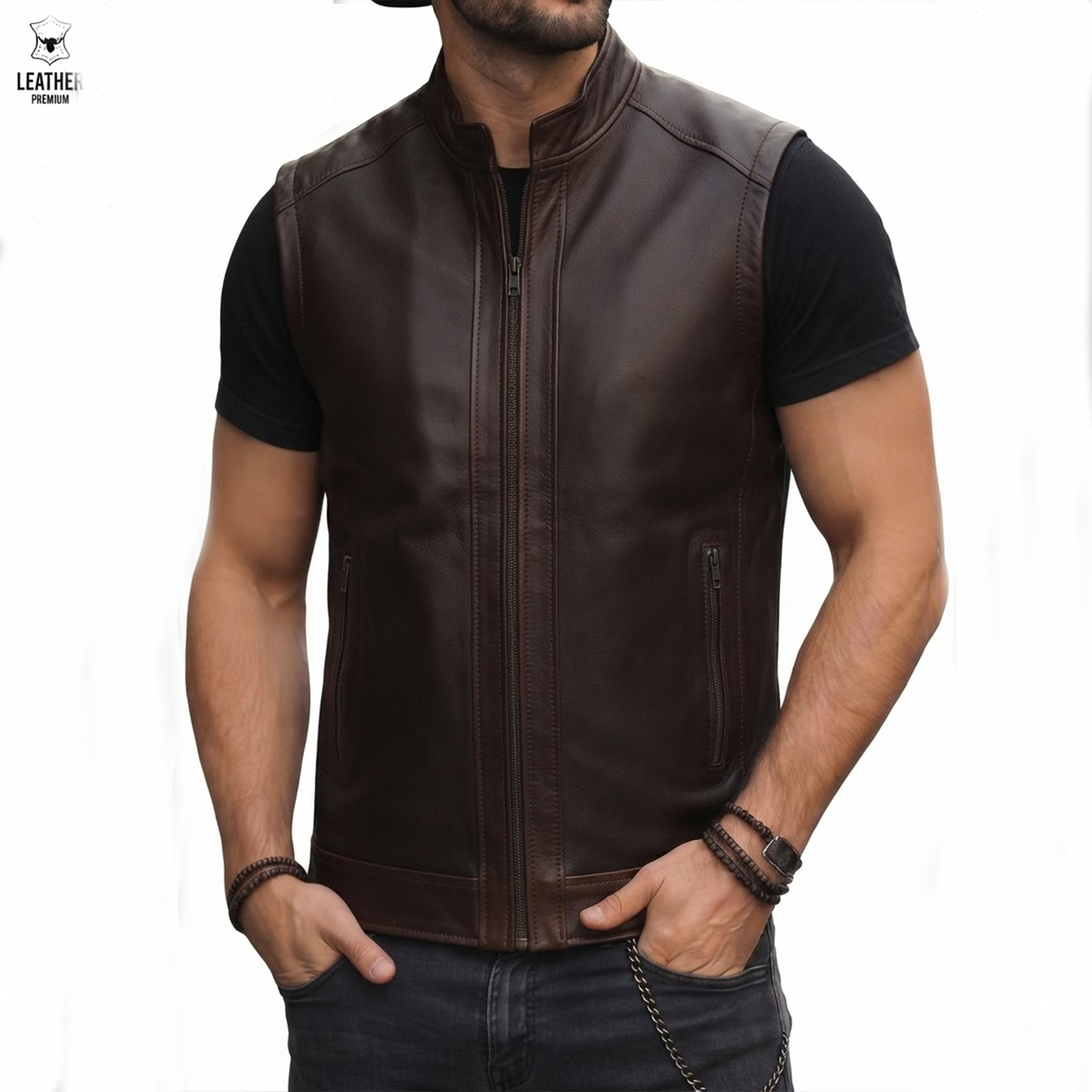 Gilet en cuir Marron pour Homme REF : 3008 3 qqdqezdqzd