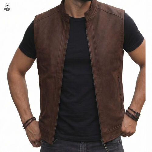 Gilet en cuir Marron pour Hommes REF : GMT1002 7 zefrzeqdzefc