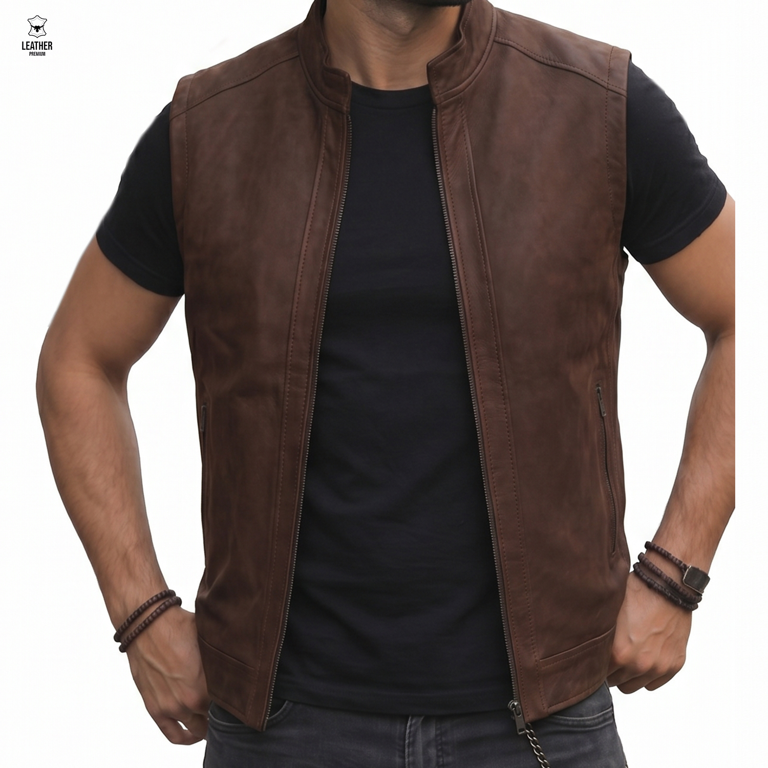 Gilet en cuir Marron pour Hommes REF : GMT1002 4 zefrzeqdzefc
