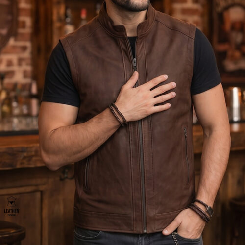 Gilet en cuir Marron pour Hommes REF : GMT1002 6 zefzefez