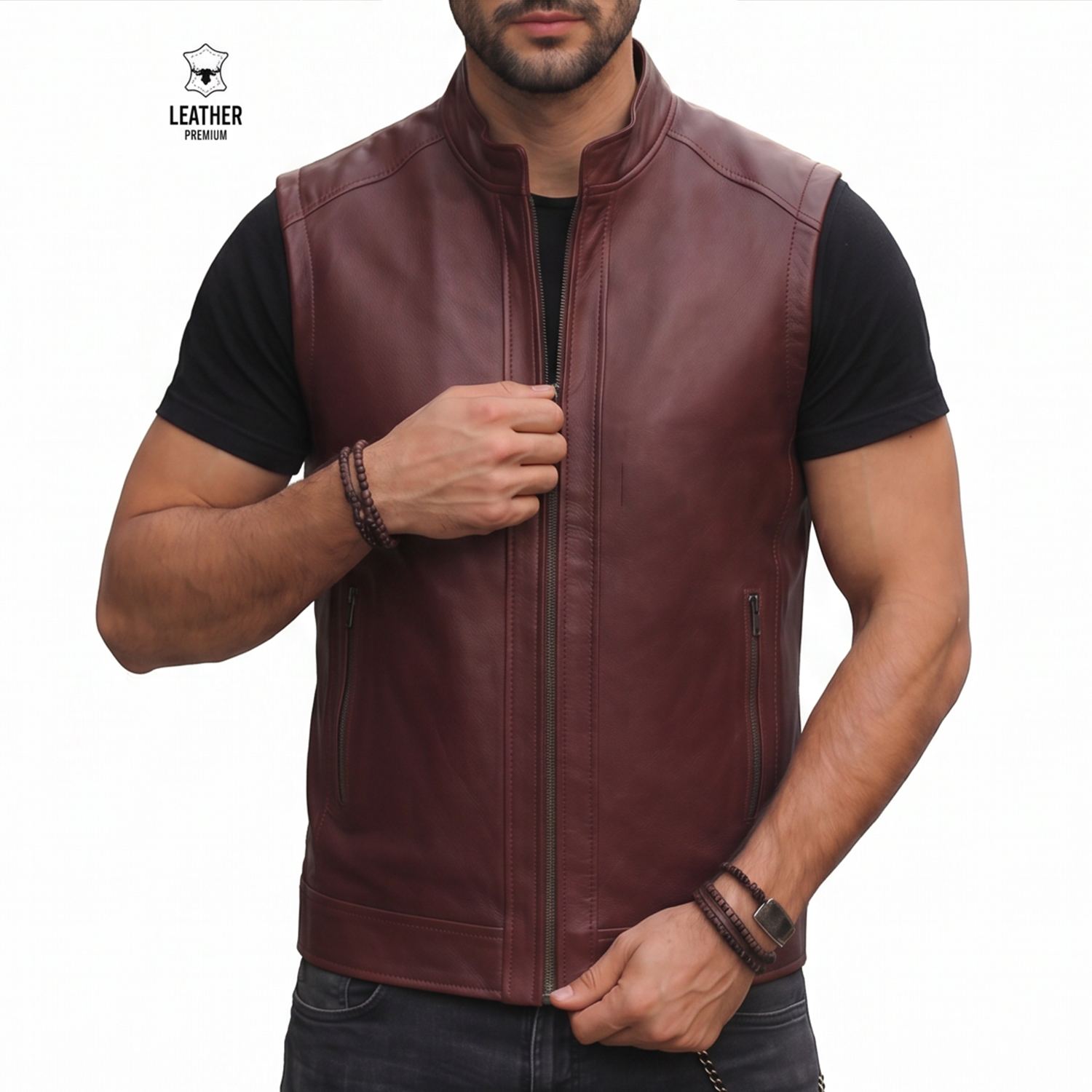 Gilet en cuir Bordeau pour Hommes REF : GB896 3 zefzefezfez