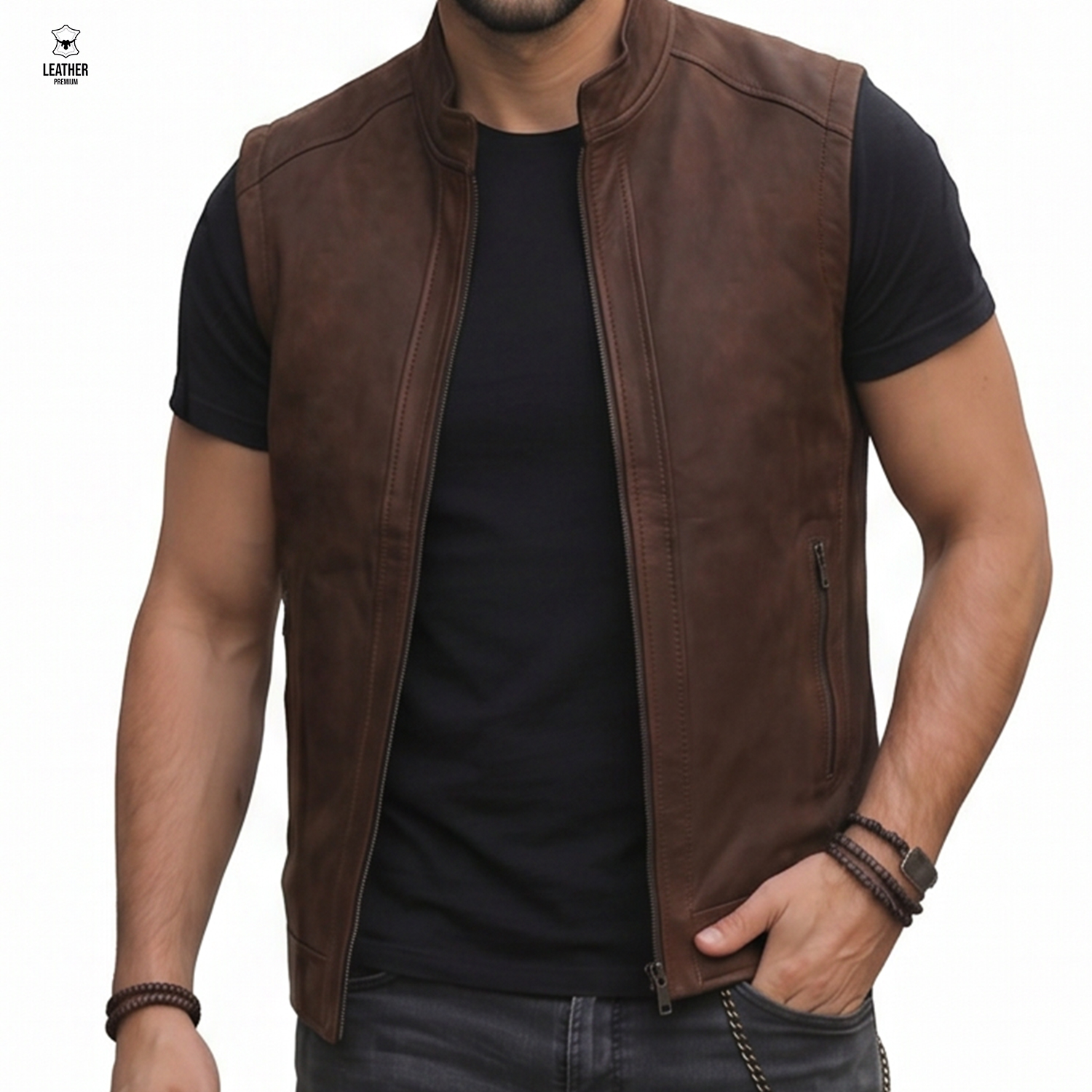 Gilet en cuir Marron pour Hommes REF : GMT1002 1 zefzefzefezfef