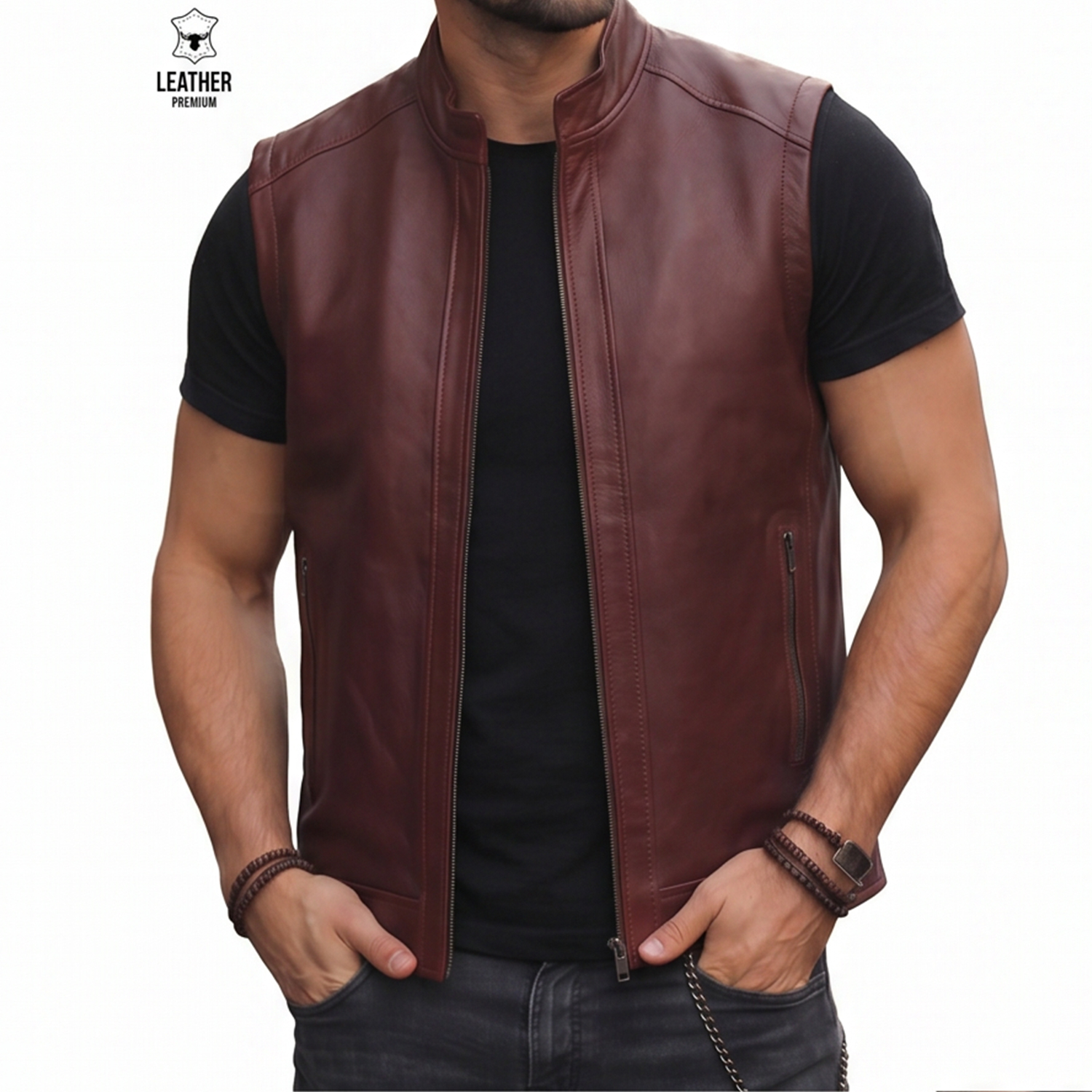 Gilet en cuir Bordeau pour Hommes REF : GB896 1 zfezfezfe