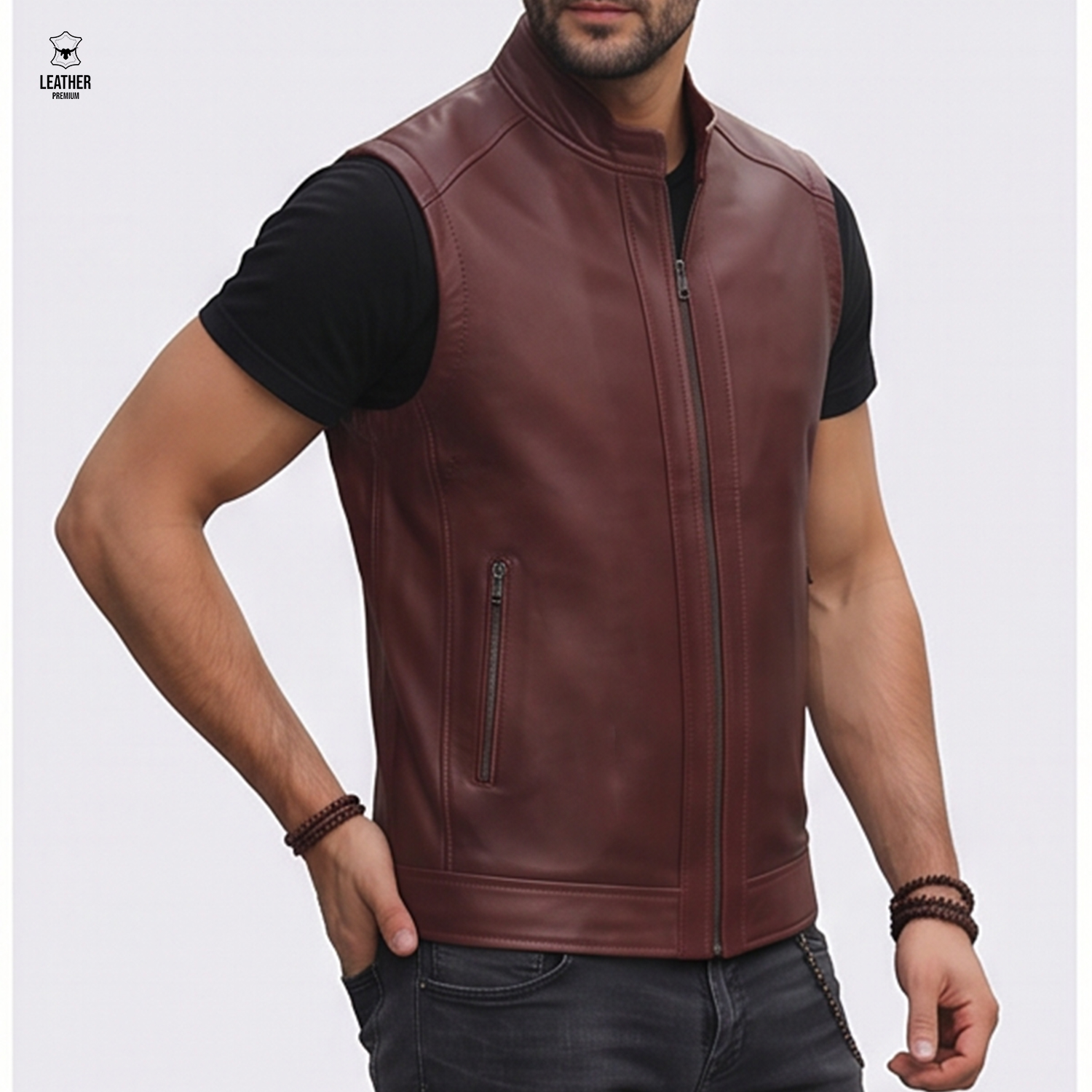 Gilet en cuir Bordeau pour Hommes REF : GB896 2 zfzefezfez
