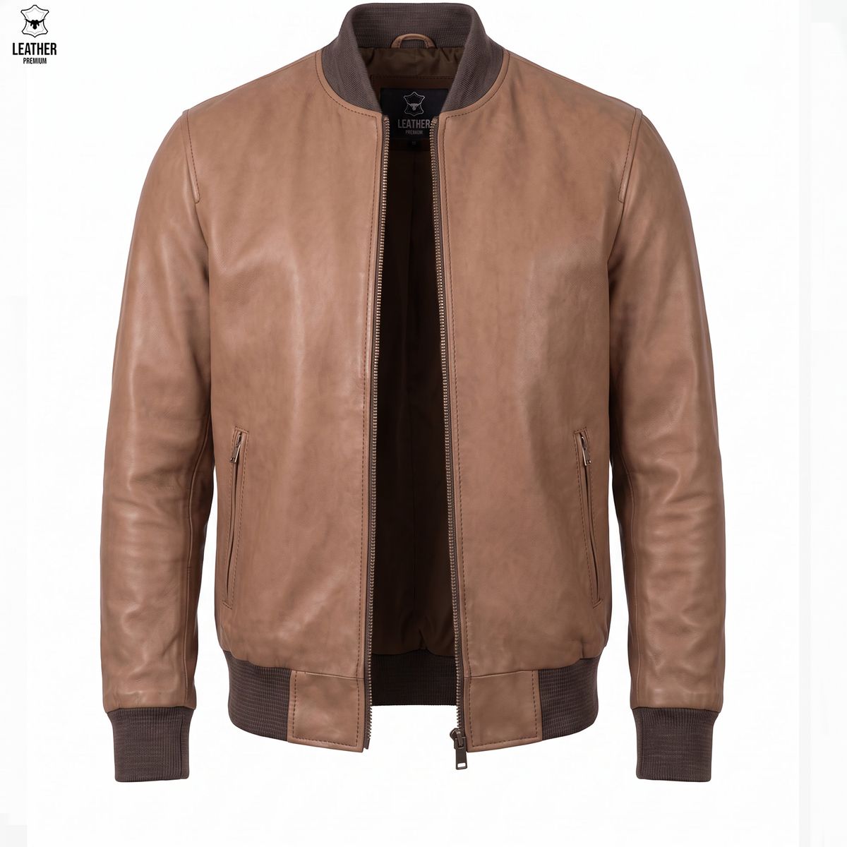 Bomber en cuir d'agneau camel pour homme, ouvert, avec doublure visible