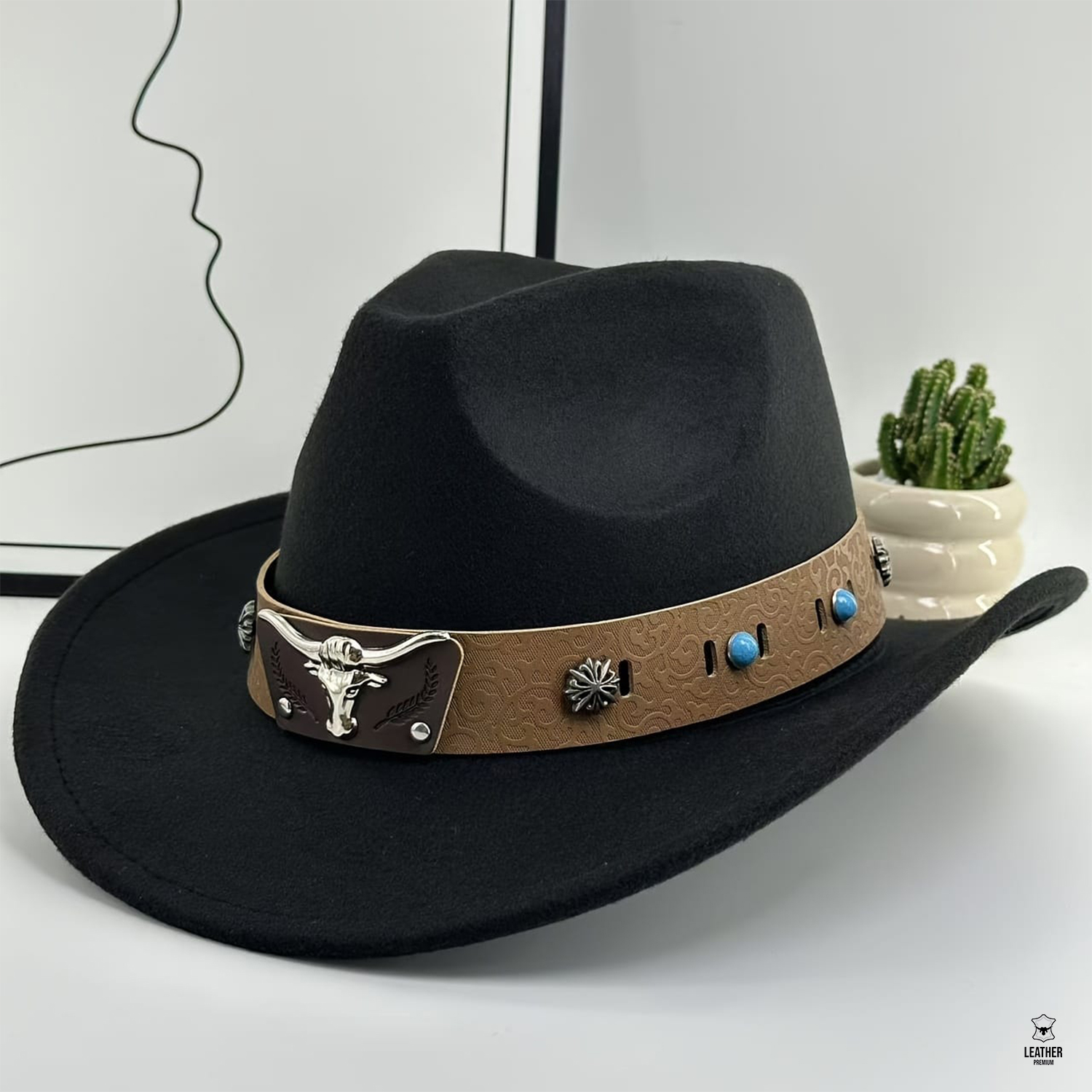 Chapeau de cowboy classique Noir western élégant avec ceinture style western cowboy – photo 1