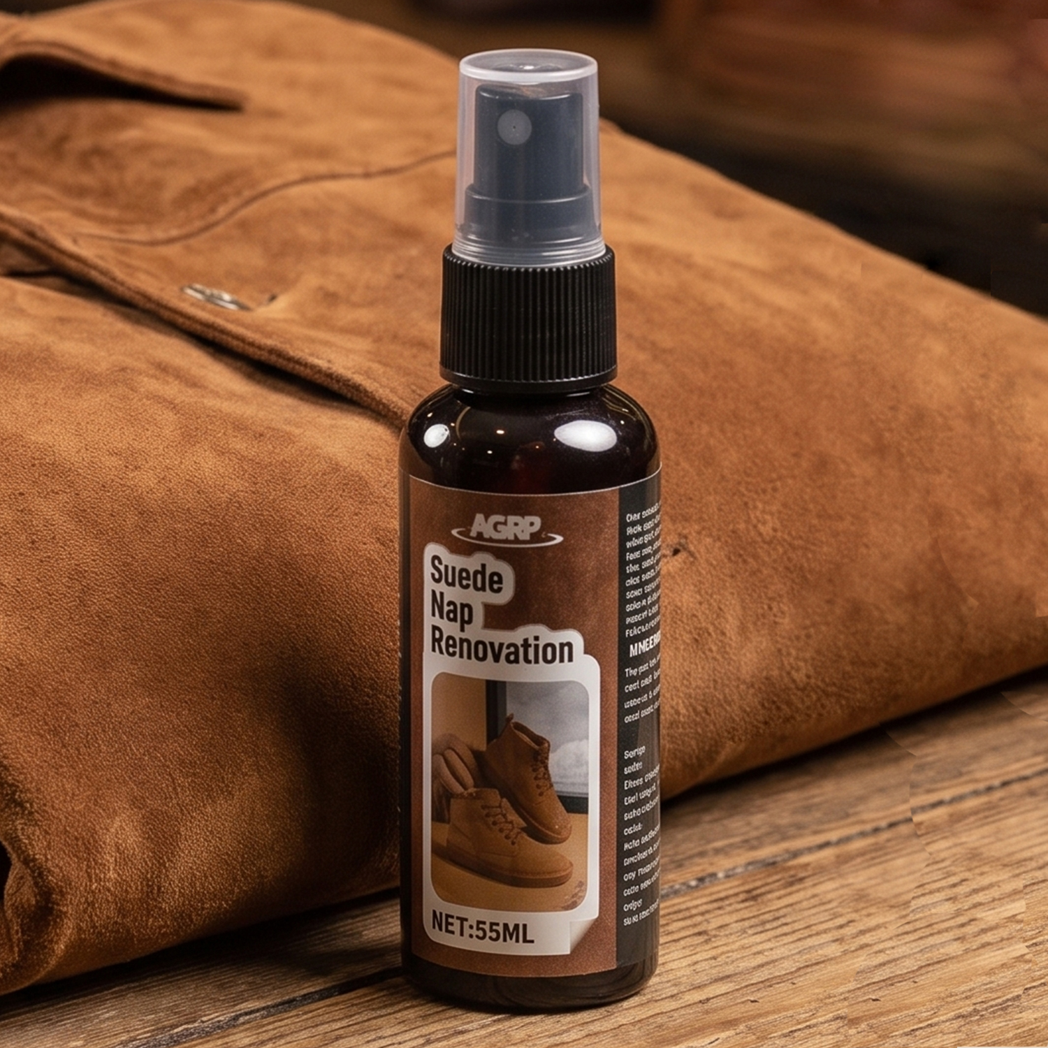 Spray rénovateur daim et nubuck 55 ml posé sur une veste en daim camel